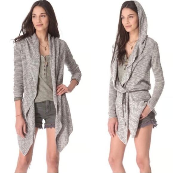 Free People Hooded Waterfall Cardigan Hi Low Hem Tie Waist Gray Women Small - Picture 1 of 10
